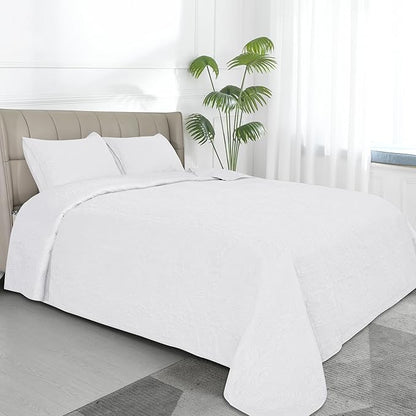 Easy-Going Full/Queen Size Reversible Quilt Set with 1 Quilt and 2 Pillow Shams, Soft Bed Quilt Cover, Water Resistant Lightweight Microfiber Bedspread, Stain Resistant, Damask-White/White
