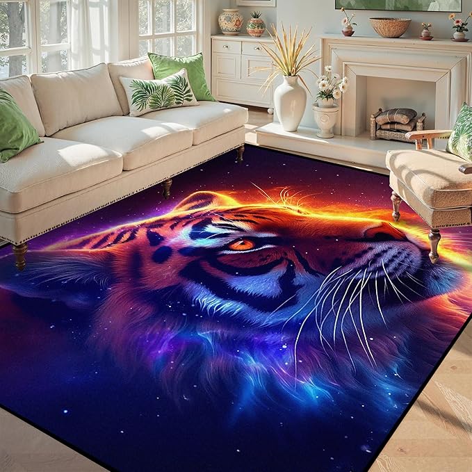 5' X 7' Galaxy Tiger Rug 3D Fierce Tigers Area Rugs for Bedroom Living Room Playroom Gameroom Boys Kids Fire Glitter Carpet Throw Rugs Floor Mat