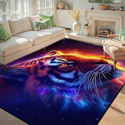 5' X 7' Galaxy Tiger Rug 3D Fierce Tigers Area Rugs for Bedroom Living Room Playroom Gameroom Boys Kids Fire Glitter Carpet Throw Rugs Floor Mat