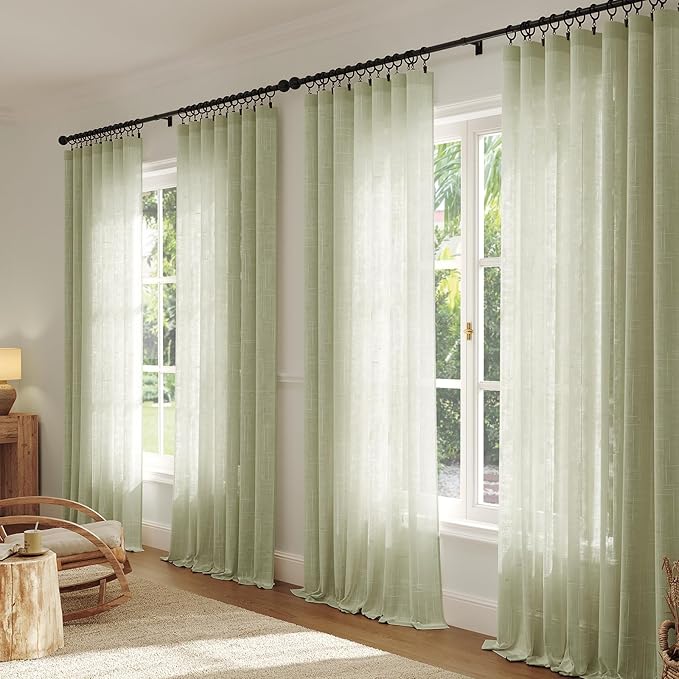 Anmao Natural Linen Curtains for Living Room 108 Inch Length 2 Panels Set, Light Filtering Semi Sheer Window Curtain Drapes for Bedroom with Curtain Rings and Clips, 52 Inch Wide Each Panel, Sage