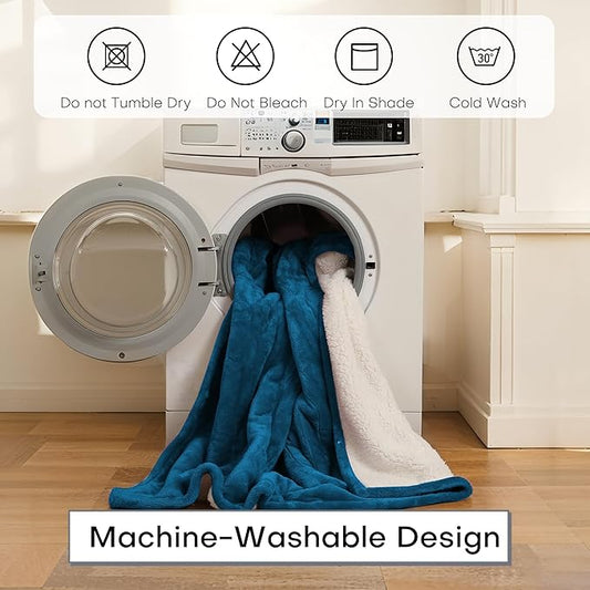 Electric Blanket Twin Size 62" x 84" Thickened Flannel and Sherpa Heated Blanket,10 Hours Timer Auto-Off,5 Heating Levels, Machine Washable, Lake Blue&White