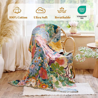 MSGKV Boho Throw Blanket for Couch 50"x60" Cotton Floral Blankets for Sofa Chair All Seasons Lightweight Muslin Breathable Farmhouse Home Decor