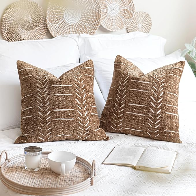 BlissBlush Fall Brown Decorative Throw Pillow Covers 18X18, Set of 2, Boho Farmhouse Cushion Cover, Cozy Soft Accent Pillowcase for Couch Sofa Bed Living Room Home Décor