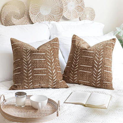 BlissBlush Fall Brown Decorative Throw Pillow Covers 18X18, Set of 2, Boho Farmhouse Cushion Cover, Cozy Soft Accent Pillowcase for Couch Sofa Bed Living Room Home Décor