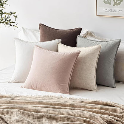 EMEMA Throw Pillow Covers Decorative Linen Pillow Covers 18x18 Inch Dark Brown Boho Farmhouse Neutral Couch Throw Pillows for Bed Pack of 2 Accent Pillowcase Modern Sofa Cushion Livingroom Home