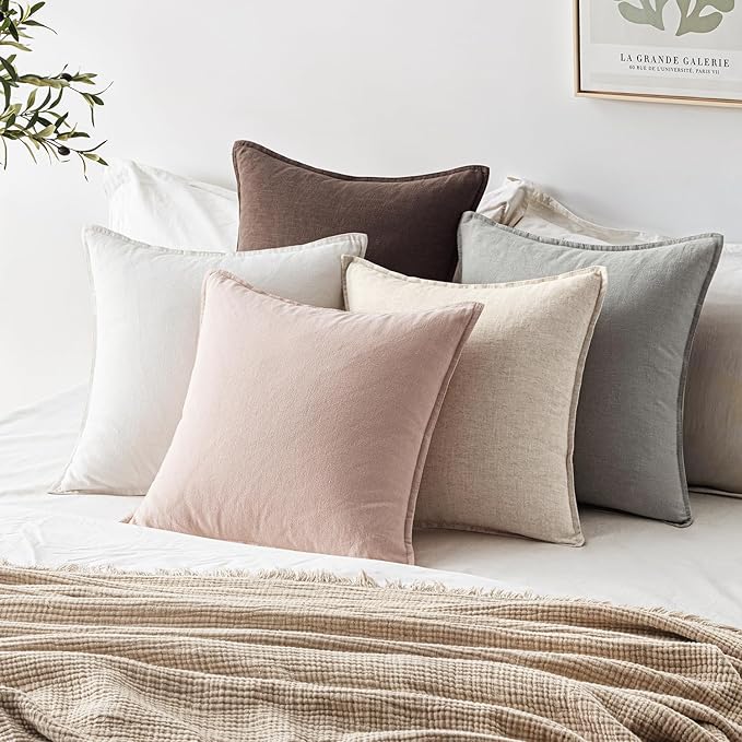 EMEMA Throw Pillow Covers Decorative Linen Pillow Covers 20x20 Inch Dark Brown Boho Farmhouse Neutral Couch Throw Pillows for Bed Pack of 2 Accent Pillowcase Modern Sofa Cushion Livingroom Home