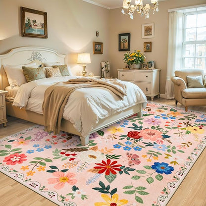 10x14 Area Rugs for Living Room: Floral Washable Rug Vintage Large Soft Boho Non-Slip Carpet Stain Resistant Low Pile Carpets for Bedroom Dining Room Farmhouse Nursery Hallway Home Office Beige