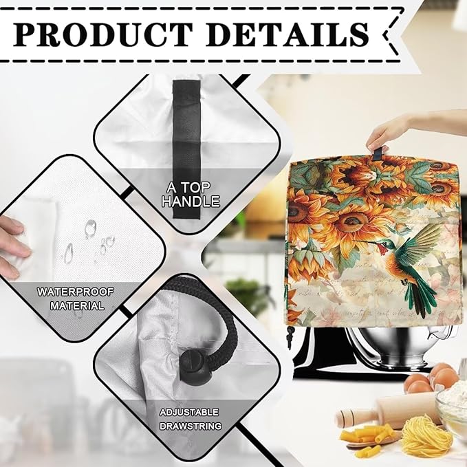 Stand Mixer Covers Hummingbird Sunflower Print Stand Mixer Dustproof Cover Compatible with Kitchen Aid Mixer Washable Stand Mixer Covers for 4.5-5 Qt Mixer