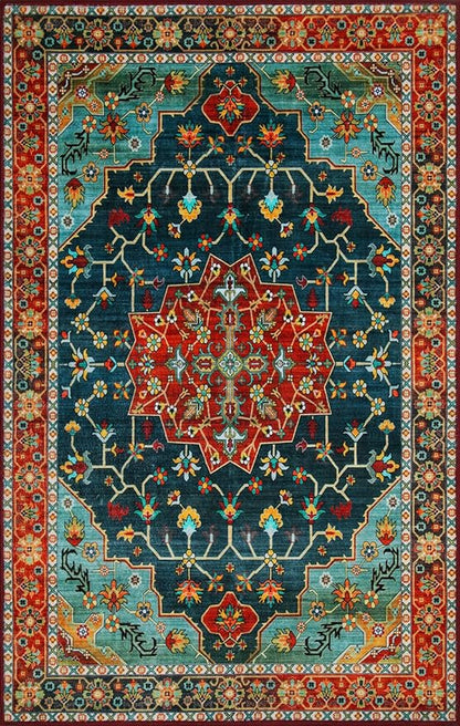 WILLSUN Washable Area Rugs, 4x6 Non-Slip Boho Large Area Rugs for Living Room, Bedroom, Machine Washable Vintage Rug, Indoor Floral Print Carpet for Home Decor, Kid & Pet Friendly Mat