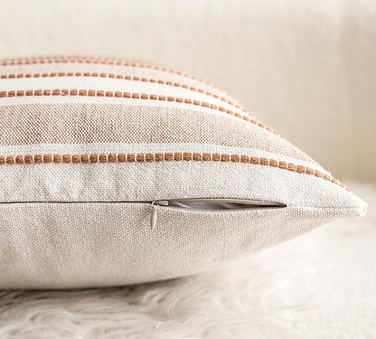 Decorative Boho Throw Pillow Covers, Farmhouse Textured Pillow Case, 20 x 20 Inch Set of 2, Chair Sofa Bedroom Living Room Home Decor Couch Cushion Case, Brown and Beige Striped