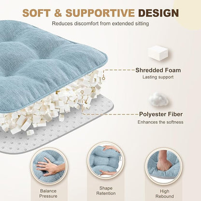 downluxe Indoor Chair Cushions for Dining Chairs, Tufted Overstuffed Textured Foam Kitchen Chair Pads with Ties and Non-Slip Backing, 15.5" x 15.5" x 4", Light Blue, 6 Pack
