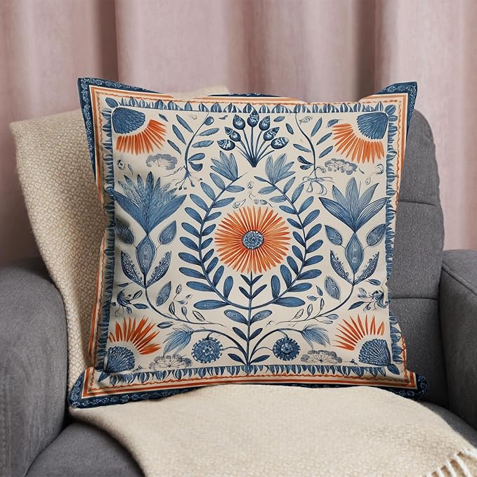 Vintage Boho Floral Print Throw Pillow Cover, Orange, Blue - Retro Rust Floral Decor Pillowcase, Indoor Outdoor Cushion Case for Sofa Couch Bed Living Room Bedroom Home (Blue&Orange, 18x18inch)