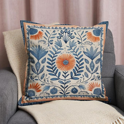 Vintage Boho Floral Print Throw Pillow Cover, Orange, Blue - Retro Rust Floral Decor Pillowcase, Indoor Outdoor Cushion Case for Sofa Couch Bed Living Room Bedroom Home (Blue&Orange, 18x18inch)