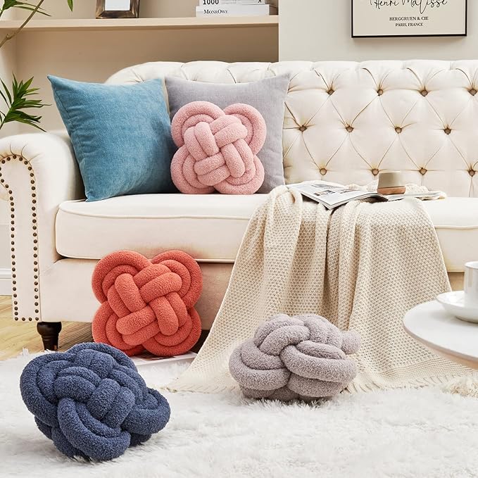 Xiashrk Knot Pillow Ball, 12" Soft Decorative Throw Pillows for Couch Bed, Navy Blue Knotted Plush Throw Pillow Handmade Square Cushion Home Couch Decor Pillows for Living Room