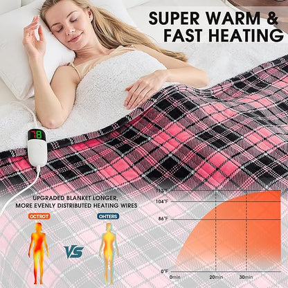 Pink Heated Blanket Electric Full Size,72X84 Heating Blanket with 10 Heats Levels&8 Hours Auto Off&Timer,Plaid Soft Sherpa Pink Blankets Warmer Gift for Grandma Women Adult,Fast Heating Washable