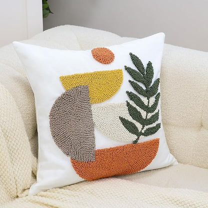 Boho Accent Pillow Covers 18x18- Tufted Abstract Modern Square Throw Pillow Covers, Farmhouse Decorative Pillowcase for Couch, Sofa, Bed, Living Room -Orange Beige Geometric Dark Green Leaf