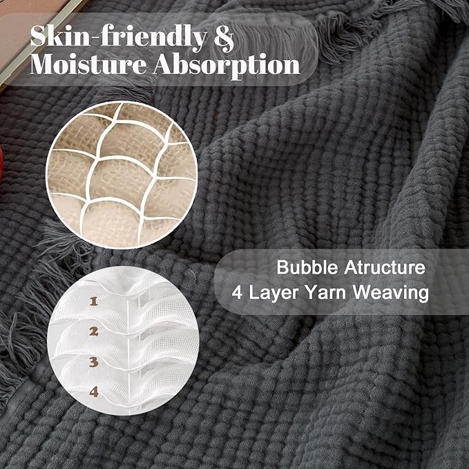 MorroMorn 100% Cotton Muslin Blanket with Fringes Twin Size 60"x80", 4-Layer Gauze Blankets for Adults, Boho Bedding Breathable Lightweight Ultra-Soft for Couch Bed All Seasons, Dark Grey