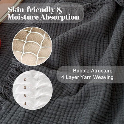 MorroMorn 100% Cotton Muslin Blanket with Fringes Twin Size 60"x80", 4-Layer Gauze Blankets for Adults, Boho Bedding Breathable Lightweight Ultra-Soft for Couch Bed All Seasons, Dark Grey