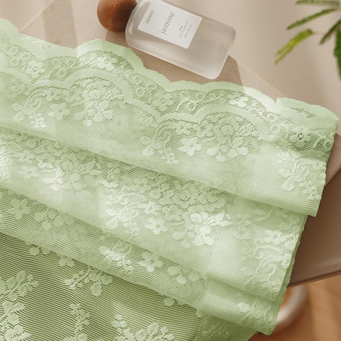 Anmao Vintage Lace Curtains 80 Inches Long 2 Panels, Romantic Semi Sheer Floral Lacy Curtain for Living Room, Elegant Window Drapes for Bedroom, Each Panel 55W x 80L, Light Green