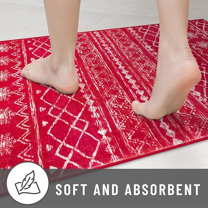 KUTA Christmas Washable Hallway Runner Rug, 2x6 Non-Slip Vintage Red Boho Rugs Kitchen Runners Red Ultra Soft Distressed Geometric Floor Carpet for Bedroom Laundry Living Room