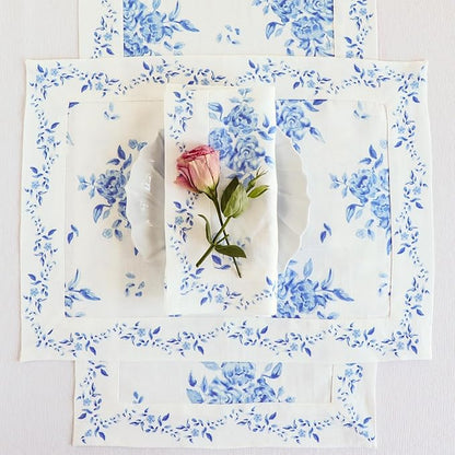 Solino Home Blue Floral Print Table Runner 90 Inches Long - 100% Pure Linen Table Runner 14 x 90 Inch - Handcrafted and Machine Washable - Jolie Fleur Print