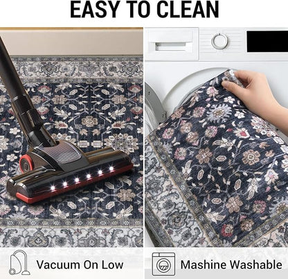 KUTA 5x7 Area Rugs, Vintage Washable Rugs for Living Room Grey Black Beige Ultra Thin Soft Non-Slip Printed Distressed Traditional Farmhouse Carpet for Bedroom Dining Room Dorm Office Home