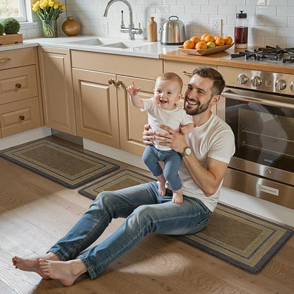 KIMODE Anti Fatigue Kitchen Mats 17"x47"+17"x29", Farmhouse Kitchen Rugs Sets of 2, Non Slip Kitchen Mats for Floor, Cushioned Comfort Standing Mats for Sink Laundry Office Desk Grey/Brown