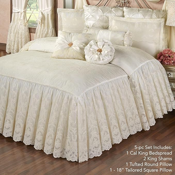 Cameo Lace Luxury Washable Polyester Bedding Set | Vintage Elegant | Pearl | Scroll Leaf Floral Cameo Quilting Embroidered | Set of Five: Cal King Bedspread, Two King Shams, Square and Round Pillows