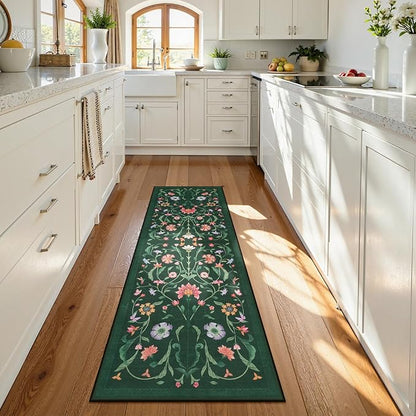LIVEBOX Kitchen Runner Rug - Boho Floral 2x6 Runners for Hallways, Non-Slip Washable Rug, Soft Low-Pile Carpet Runner for Entryway Hallway Bedroom Laundry Room Farmhouse(2x6 ft, Green)