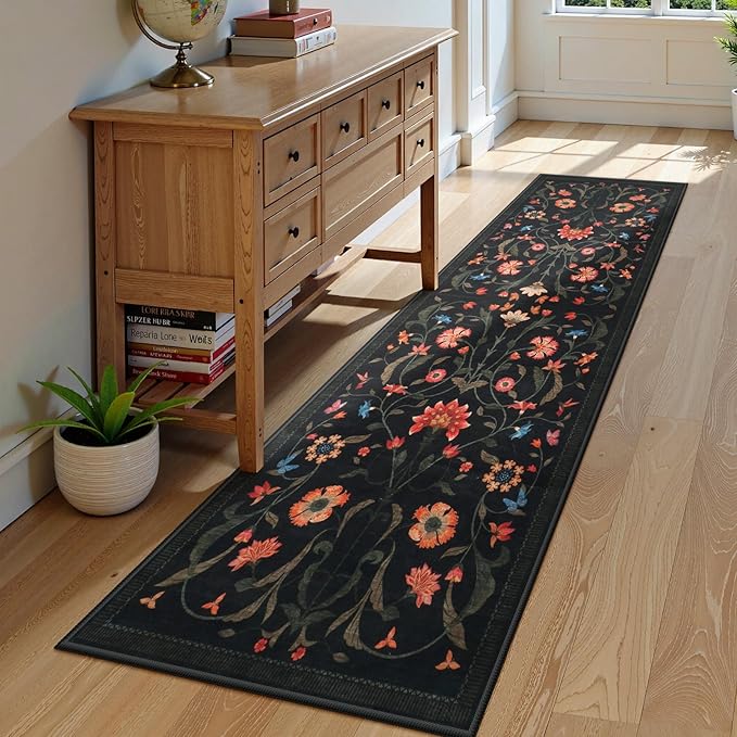 LIVEBOX Black Runners for Hallway - Boho Floral 2'6"x8 Washable Runner Rug, Non-Slip Kitchen Runner Rug, Soft Low-Pile Non-Shedding Carpet Runners for Hallway Entryway Bedroom Bathroom Farmhouse
