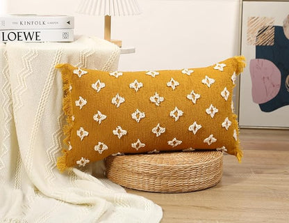 Boho Long Lumbar Pillow Cover 12x24 with Tassel,3D Flower Patterned Cotton Decorative Long Lumbar Pillow Cover Pillow Case for Sofa Couch Bed Livingroom Farmhouse,Yellow