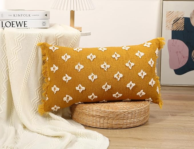 Boho Long Lumbar Pillow Cover 14x22 with Tassel,3D Flower Patterned Cotton Decorative Long Lumbar Pillow Cover Pillow Case for Sofa Couch Bed Livingroom Farmhouse,Yellow