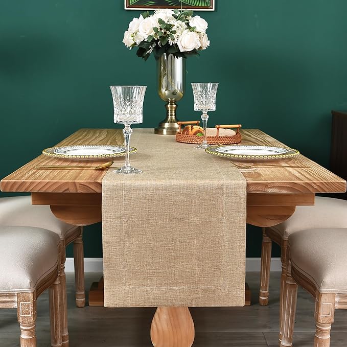 NEWISHER Farmhouse Rustic Table Runner Solid Flaxen Rectangular Table Runners Faux Linen Table Runner for Everyday Use Kitchen Dining Party Table 13x60 Inch