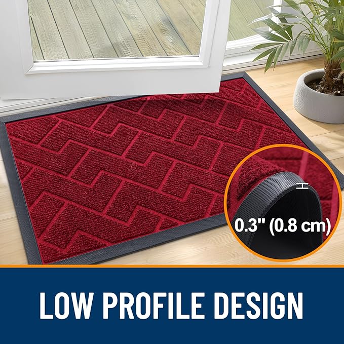 OLANLY Front Door Mat Indoor Outdoor Entrance, Waterproof All-Season, All-Weather Doormat, Sturdy Natural Rubber, Low Profile, Easy Clean Patio Porch Entryway Mat, Herringbone Brick (Wine Red, 71x23)