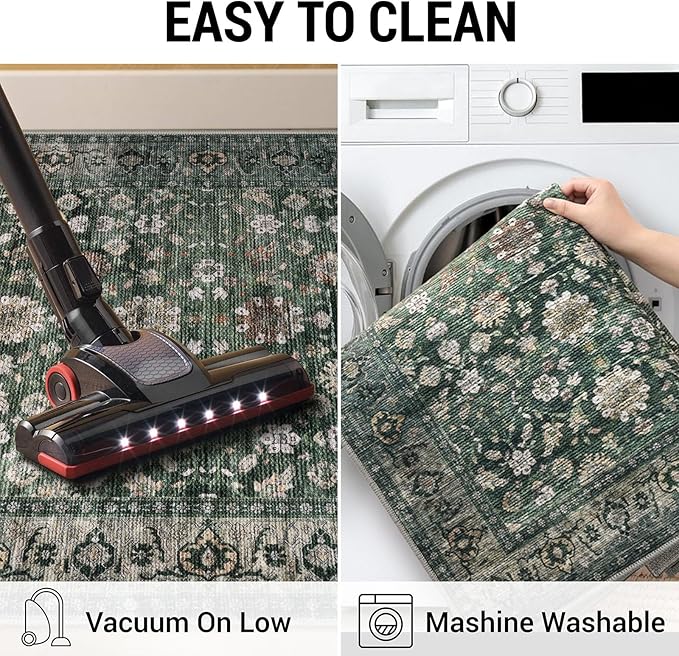 KUTA Vintage Floral Entryway Rug 2x3, Kitchen Rugs Non-Slip Washable Throw Rug, Dark Green Ultra Thin Soft Print Front Door Mat Indoor Doormat for Entrance, Bedside, or Small Spaces