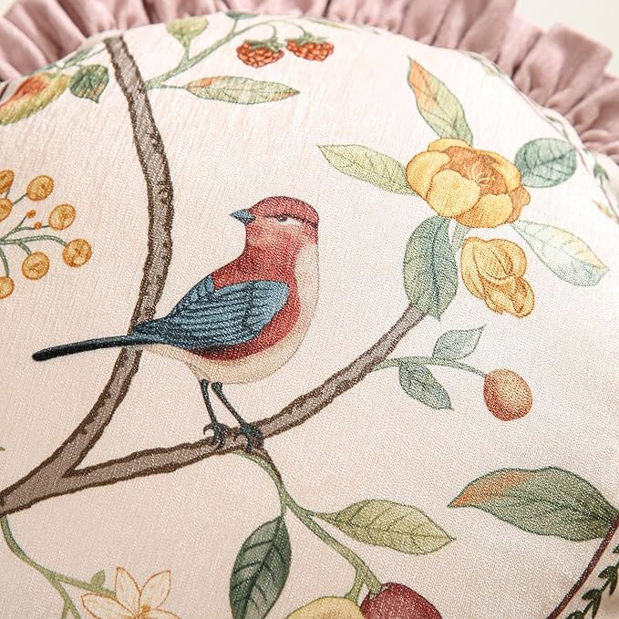 Pink Farmhouse Round Throw Pillow Covers, Birds and Flowers Pattern Cozy Velvet Pillowcases,Decoration Pillows Cushion Covers for Couch Sofa Bed Car Chair,Diameter 16"