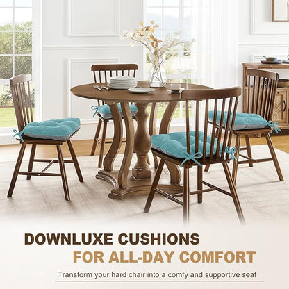 downluxe Indoor Chair Cushions for Dining Chairs, Tufted Overstuffed Textured Foam Kitchen Chair Pads with Ties and Non-Slip Backing, 15.5" x 15.5" x 4", Aqua Blue, 4 Pack