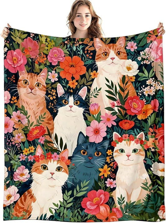 Cat Floral Blanket, Cottagecore Wildflower Flower Cats Throw Blankets for Home Bedroom Living Room Couch Bed Decor, Cat Mom Lady Lovers Gifts for Women, 50x60 Inch