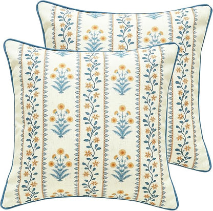 ISAENNE Design Square Simple Elegant Linen Throw Pillow Covers 18"x18" Pack of 2, Blue Yellow Floral Pattern Cushion Covers Decor Pillowcases for Bed,Living Room,Outdoor,Car