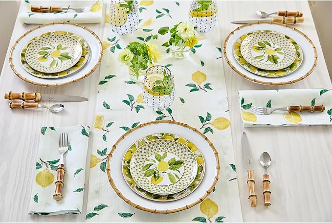 Solino Home Lemon Print Table Runner 60 inch - 100% Pure Linen Table Runner 14 x 60 Inch - Machine Washable - Botanical Lemon/Off White Print