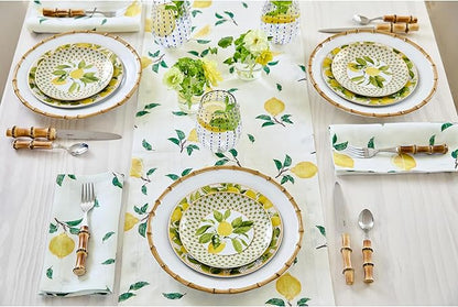 Solino Home Lemon Print Table Runner 48 inch - 100% Pure Linen Table Runner 14 x 48 Inch - Machine Washable - Botanical Lemon/Off White Print