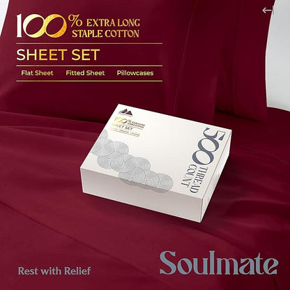 Mayfair Linen 500 Thread Count Twin XL Cotton Sheets - 3 PC Twin XL Size Bed Sheet Set Cotton (Burgundy), Cooling, Sateen Hotel-Quality 16" Deep Pocket Bedsheet for Hot Sleepers (Fits 18" Mattress)