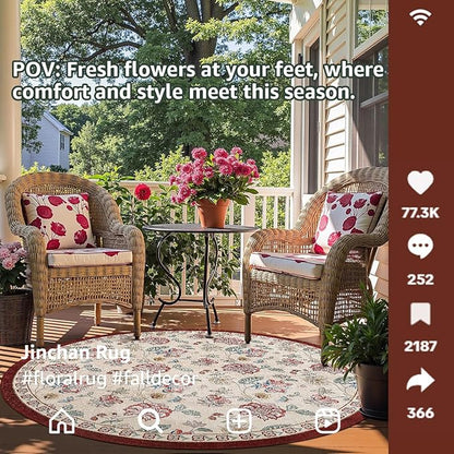 jinchan Elora 5ft Floral Round Rug for Entryway Washable Rug Vintage Romance Christmas Design Non Slip Indoor Doormat Lightweight Low-Profile Throw Carpet for Living Room Dining Room, Red/Beige