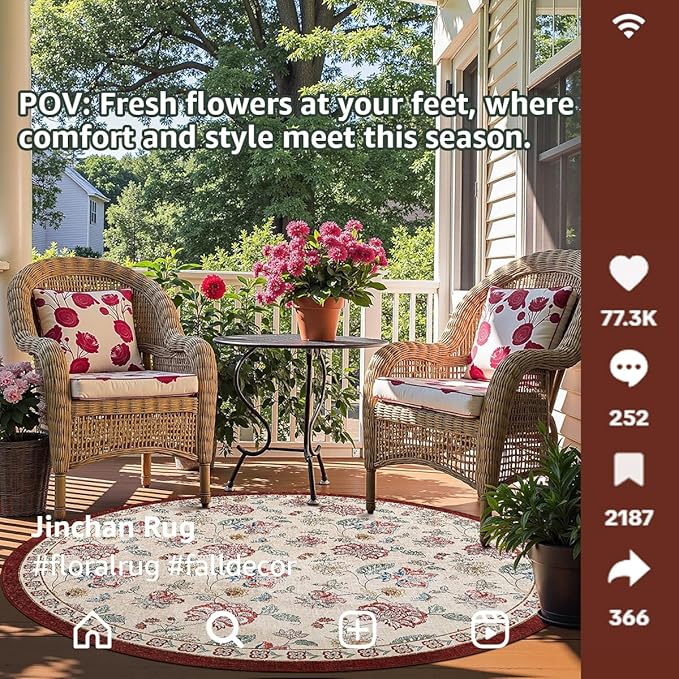 jinchan Elora 8ft Floral Round Rug for Washable Living Room Rug Vintage Romance Christmas Design Non Slip Indoor Floor Cover Lightweight Low-Profile Throw Carpet for Bedroom Porch, Red/Beige