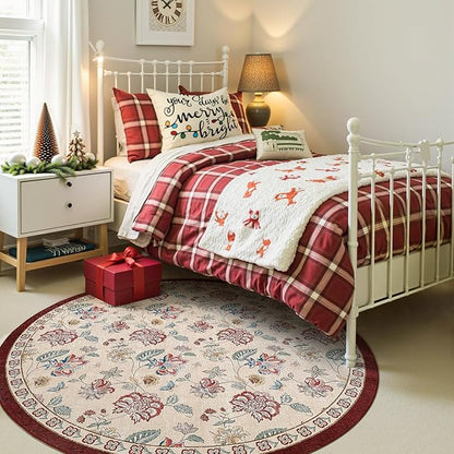 jinchan Elora 5ft Floral Round Rug for Entryway Washable Rug Vintage Romance Christmas Design Non Slip Indoor Doormat Lightweight Low-Profile Throw Carpet for Living Room Dining Room, Red/Beige