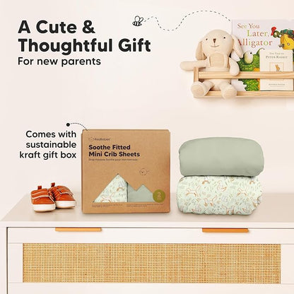 2-Pack Mini Crib Sheets Fitted - 38x26 Pack N Play Sheets for Pack and Play Mattress, Organic Cotton, Soft & Breathable Playard Bedding, Neutral Mini Toddler Bed Cover for Boys, Girls (Foxtrot)