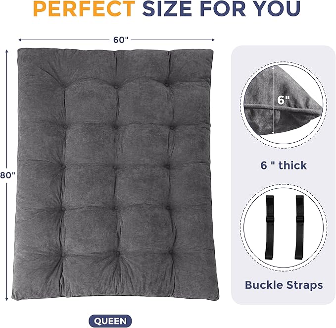 MAXYOYO Japanese Floor Mattress Queen Size, 6" Foldable Futon Mattress Tufted Roll Up Floor Bed, Thick Chenille Tatami Mat Sleeping Pad for Camping Guest Room Dormitory Bedroom RV, Dark Grey