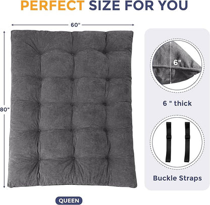 MAXYOYO Japanese Floor Mattress Queen Size, 6" Foldable Futon Mattress Tufted Roll Up Floor Bed, Thick Chenille Tatami Mat Sleeping Pad for Camping Guest Room Dormitory Bedroom RV, Dark Grey