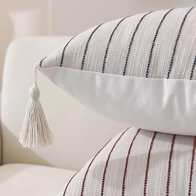 Boho Throw Pillow Covers 18x18 Inch Set of 2, Textured Linen Striped Square Pillow Covers with Tassels, Soft & Cozy Farmhouse Décor Pillow Cases for Sofa Couch Bed Living Room, Green