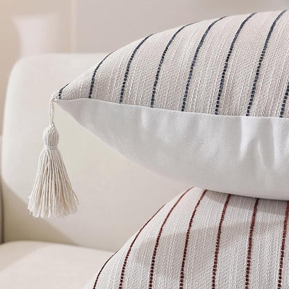 Boho Throw Pillow Covers 18x18 Inch Set of 2, Textured Linen Striped Square Pillow Covers with Tassels, Soft & Cozy Farmhouse Décor Pillow Cases for Sofa Couch Bed Living Room, Green
